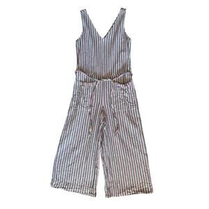 Beach Lunch Lounge Linen Blend Jumpsuit Stripe Wide Leg Vacation Mediterranean